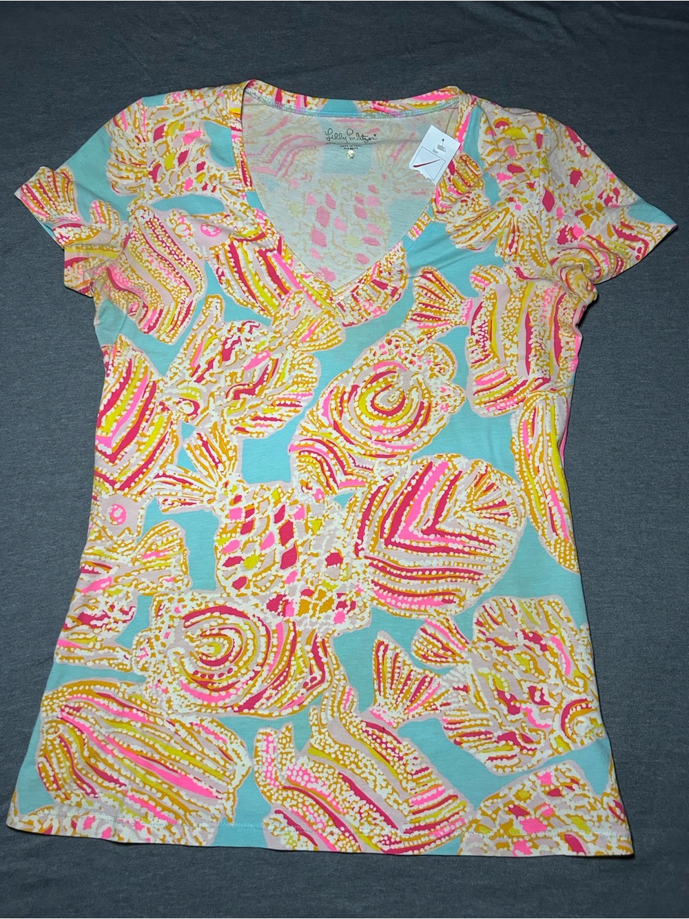 Lilly Pulitzer Seafoam V-Neck Tee with Pink & Yellow Print Cotton